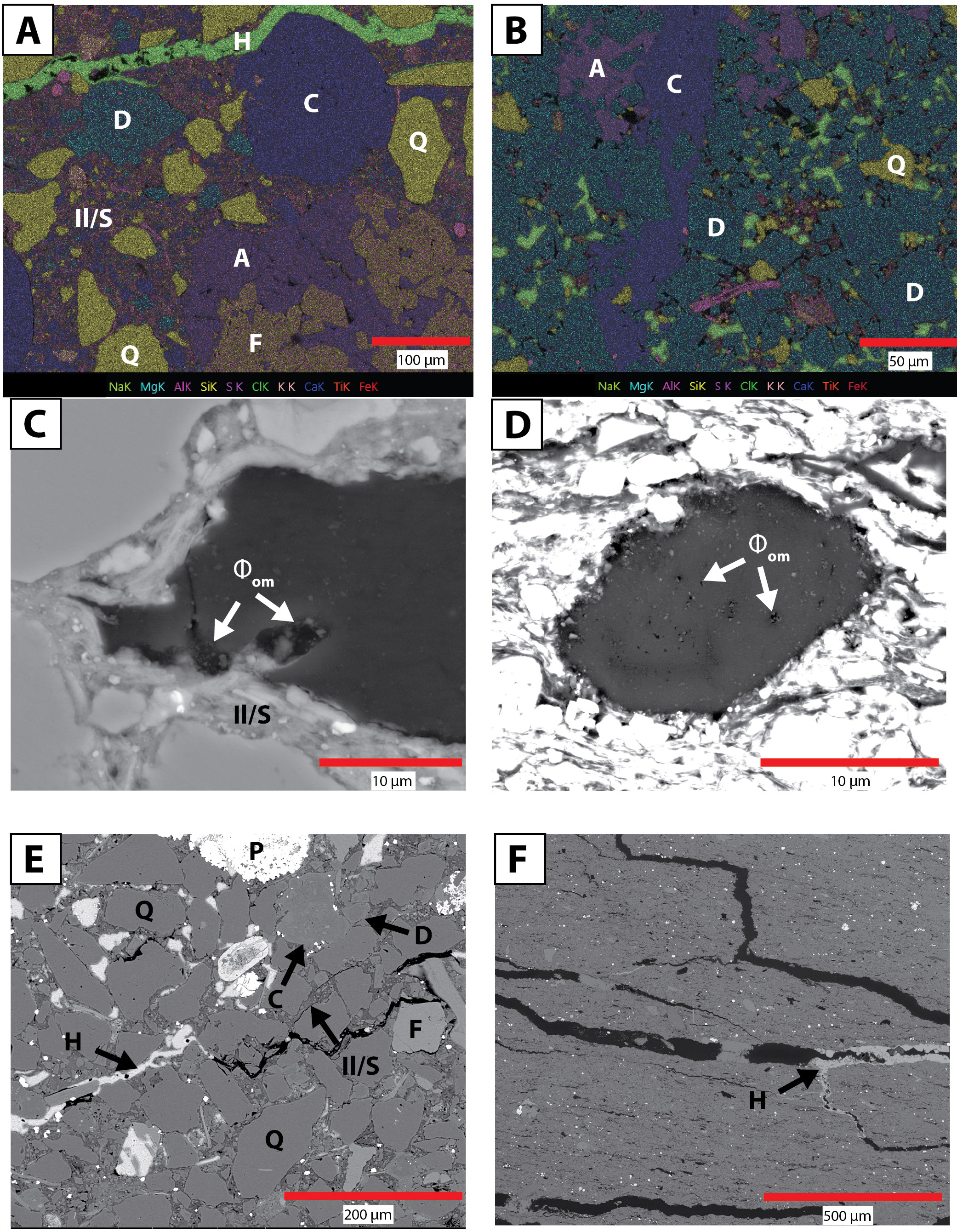 The illustration shows SEM petrographs with composite elemental EDS maps.